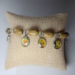Wooden Rosary Stretch Bracelet Religious Medals